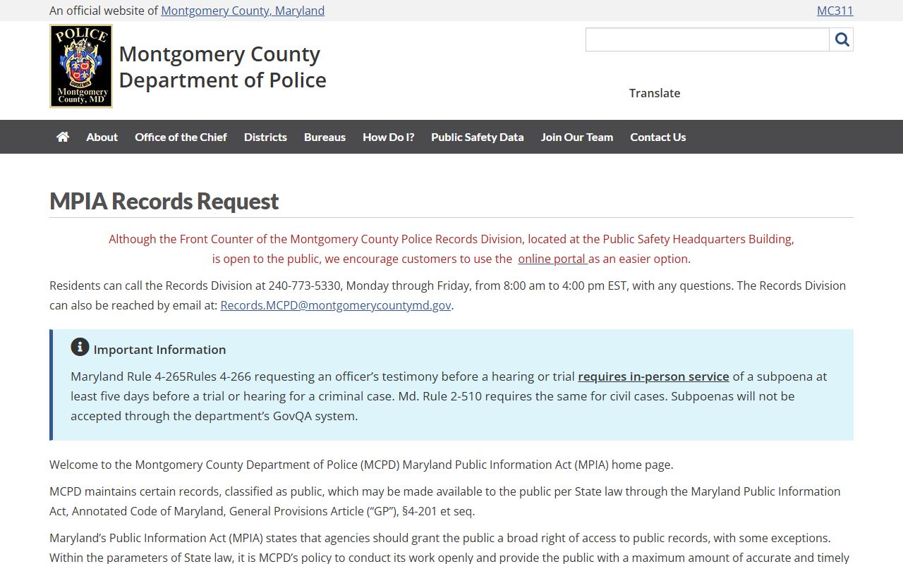 MPIA records request page for Aspen Hill booking releases