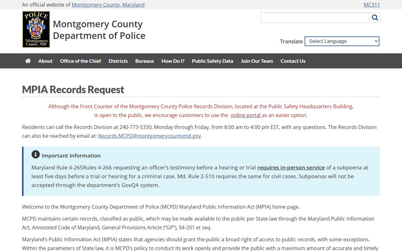 MCPD records request page for Bethesda booking releases