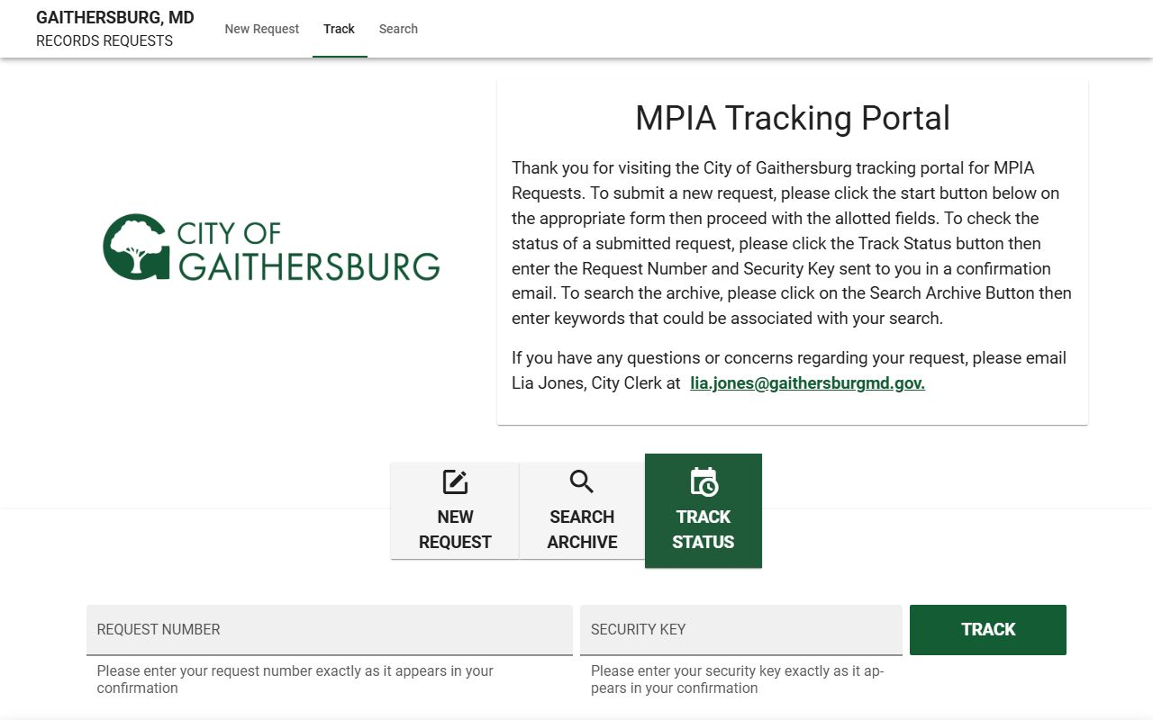 Gaithersburg JustFOIA portal for booking releases and MPIA requests
