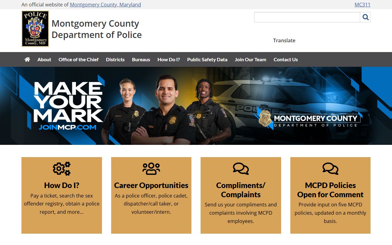 Montgomery County Police homepage for Wheaton booking releases
