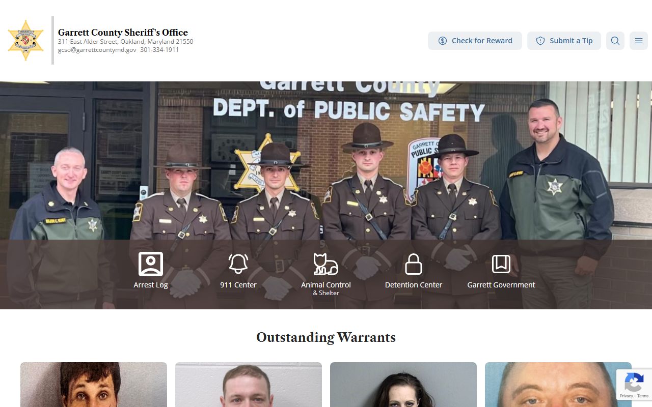 Garrett County Sheriff homepage showing live arrests and booking releases