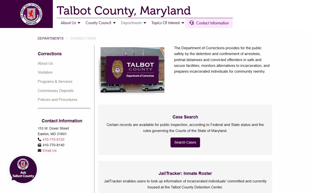 Talbot County Sheriff corrections page for booking releases