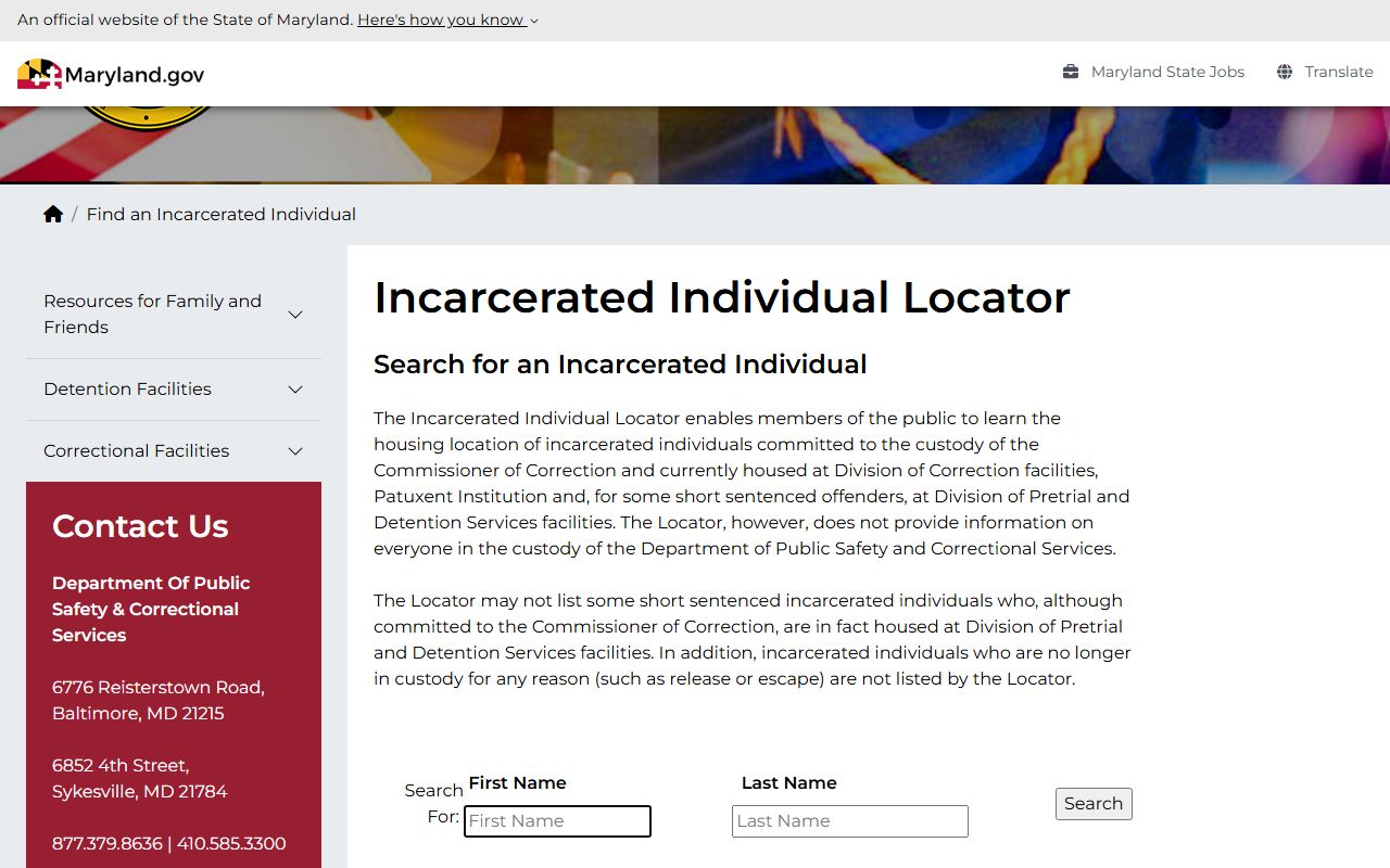 DPSCS Incarcerated Individual Locator for Maryland booking releases